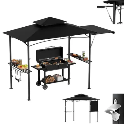 Produktbild von Grillpavillon mit Seitenmarkise Doppeldach wetterfest Stahl Schwarz mit Ablagen und Haken