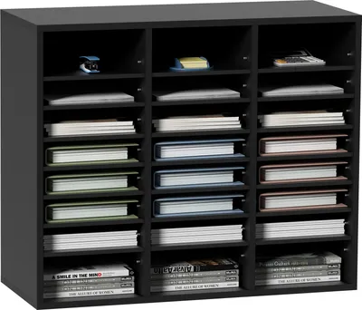 Zdjęcie produktu dla VEVOR organizer na listy na biurko 997 x 305 x 680 mm, 2,3-5,6 cm regulowany A4, poziomy, podajnik papieru, system przechowywania dokumentów na biurku, segregowanie (czarny, 3 x 8 przegródek)