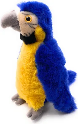 A plush toy parrot is shown against a white background.
