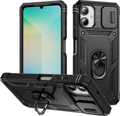 Obrázek produktu pro Pouzdro pro Samsung Galaxy A06 posuvná ochrana kamery, robustní nárazuvzdorné, s držákem prstenu, stojánkem a držákem na karty černé