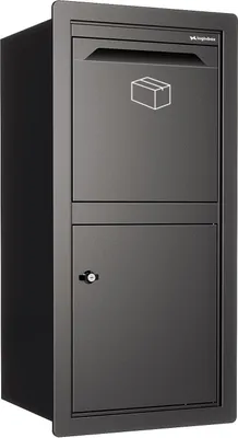 A dark gray built-in parcel box with a package icon and a lock.