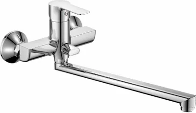 A chrome-finished bathroom faucet with a long spout, mounted on a white background.