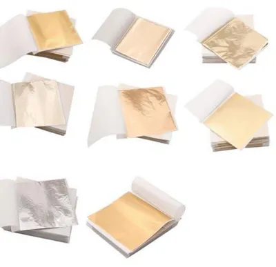 Obrázok produktu pre Imitačná zlatá fólia, 400 kusov, rozmer 8 x 8,5 cm, 8 farieb, vhodná na kreatívne projekty a pozlátenie
