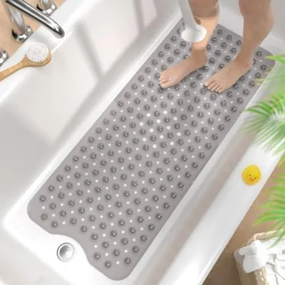 Produktbild von Badewannenmatte rutschfest, 101 x 40cm Extra Lange Antirutschmatte Badewanne, Duschmatte rutschfest BPA Frei, Schimmelresistent & Maschinenwaschbar Badematte, Grau