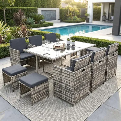 Produktbild von Poly Rattan Sitzgruppe Esstisch Lounge Gartenmöbel Sitzgarnitur 11-Teilig Garten-Garnitur Set 1x Tisch + 6x Stühle + 4x Hocker - grau