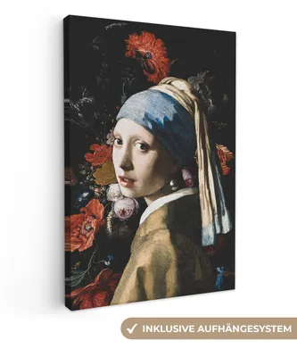 Produktbild von MuchoWow® - Leinwandbilder - Mädchen mit Perlenohrring - Johannes Vermeer - Blumen - Rot, Wandbild, Wanddeko Bilder Wohnzimmer, 80x120 cm