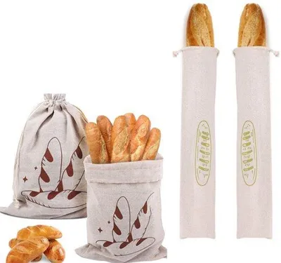 Immagine prodotto di Set di 4 sacchetti per il pane riutilizzabili, in cotone e lino con cordoncino, ideali per il pane a lievitazione naturale fatto in casa, con chiusura a cera, stampa verde/pane al caffè.