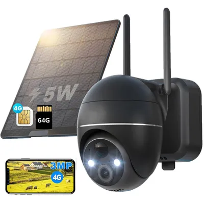 Obrázek produktu pro venkovní dohledová kamera 4G LTE solární s kartou SIM a 64G kartou bez kamery WLAN venkovní dohledová kamera baterie venkovní kamera 355°/120° otočná