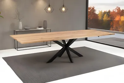 Produktbild von Esstisch Baumkante massiv Eiche 200 (300) x 100 Ansteckplatten Spider-Gestell schwarz SESSA