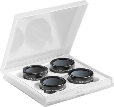 Produktbild von Walimex pro Drohnenfilter Set - mit CPL, ND 4, ND 8, ND 16, und Schutzhülle - für Drohnen Aufnahmen - kompatibel mit DJI Phantom 4 Pro - schwarz