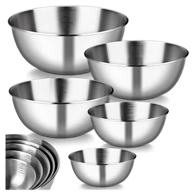 Produktbild von Set aus 5 Rührschüsseln aus Edelstahl in 5 Größen - 0,7 L bis 3,5 L, spülmaschinenfest, stapelbar
