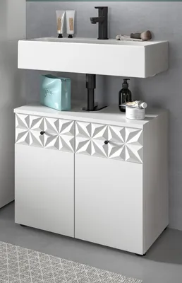 Produktbild von Waschbeckenunterschrank "Relief" in weiß Hochglanz mit 3-D Struktur Badschrank 60 cm