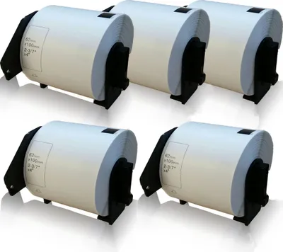 Five rolls of labels on stands, arranged in two rows.