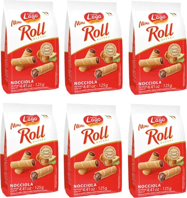 Produktbild von 6x Gastone Lago Mini Roll Nocciola Waffelröllchen Waffelpad Wafer gefüllt mit Haselnusscreme 125g