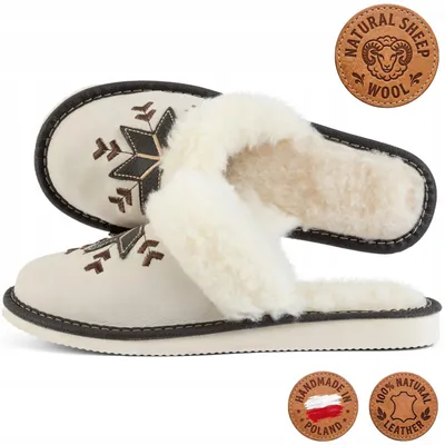 Productafbeelding van Damen slippers, leer, schapenvacht, bruin, handgemaakt, gevoerd, maat 41