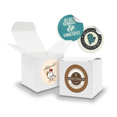 Produktbild von SET Selbstgemacht(Motiv44) 24x Faltschachtel Würfel 6,5cm weiß + Sticker