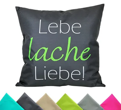 Produktbild von JACK 1x 50x50cm Outdoor Kissenhülle Motiv Bezug Wasserabweisend Sitzkissen Garten Stuhl Lotus Effekt lustig, Farbe:Lebe Lache Liebe