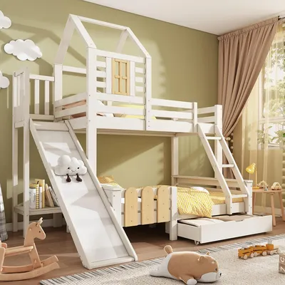 Produktbild von Kinderbett mit Schublade Rutsche und Leiter Etagenbett Jugendbett Hochbett 90x200 & 140x200cm Weiß
