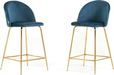 Immagine prodotto di Set di 2 sgabelli da interno in velluto imbottito con gambe in metallo - design moderno ed elegante, ideale per isole di cucina e zone pranzo - SARA XL - Blu/Oro
