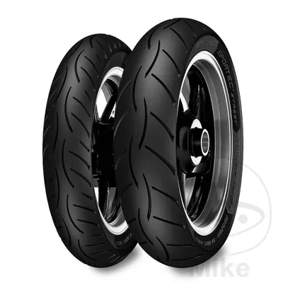 Two motorcycle tires displayed side-by-side against a white background.