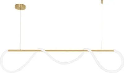 A modern, gold-colored pendant light with a flexible, white LED tube.