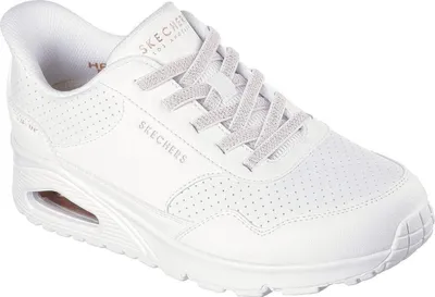 A white Skechers sneaker is shown from a side angle against a white background.