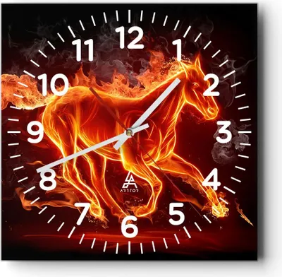 Produktbild von Wanduhr - Quadrat - Glasuhr - Pferd Illustration Flammen - 30x30cm - Schleichendes Uhrwerk - Lautlos - zum Aufhängen bereit - Dekoration Modern - Wanddekoration aus Glas - C4AC30x30-0203
