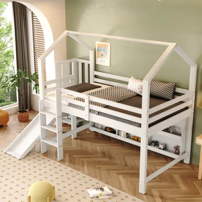 Produktbild von MODFU Hochbett Etagenbett 90x200cm mit Rutsche und Treppe, Kinderbett mit Rausfallschutz, Schließfach & Regal, Jugendbett Bettgestell, Weiß