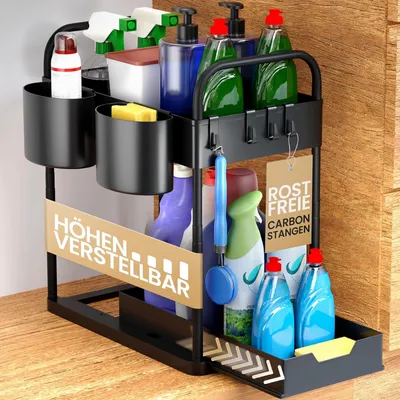 Immagine prodotto di Mensola sottolavello regolabile in altezza con 2 ripiani e contenitori - nero - Organizzatore per cucina - Mobile sottolavello