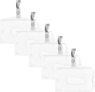 Produktbild von WEBBOMB 5x Ausweishüllen transparent Kartenhalter horizontal und vertikal nutzbar Dual-Use Ausweis Halter aus Hartplastik + 5x Befestigungsclip ( Hosenträger Clip ) Karten Schutzhülle mit Daumenausschub