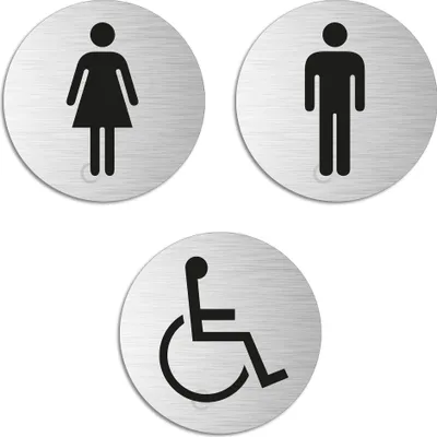 Produktbild von Türschilder    WC Toilette 3er-Set - WC Damen Herren Rollstuhl - Edelstahlschilder-Optik  Ø 75 mm