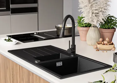 Produktbild von PRIMAGRAN Spülbecken Anthrazit 90x50cm, Granitspüle 1,5 Becken + Ablauf-Set, Küchenspüle ab 60er Unterschrank - Kopenhagen Duo