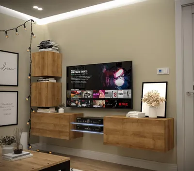 Immagine prodotto di Furnitech Parete attrezzata soggiorno - Mobili da soggiorno con LED RGB - 16 colori - Parete attrezzata moderna - Scaffali e mobile TV (AN100-21DZ-M6-1C)
