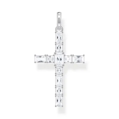 A silver cross pendant with clear baguette-cut stones, displayed against a white background.