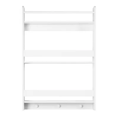 A white wall-mounted shelf with three tiers and three hooks at the bottom.