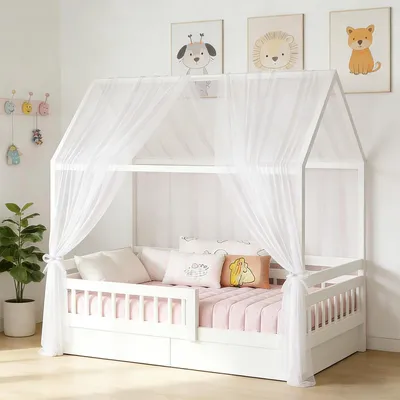 Productafbeelding van Set van 2 Bedhemels voor Kinderen, Witte Gordijnen, 150 x 350 cm