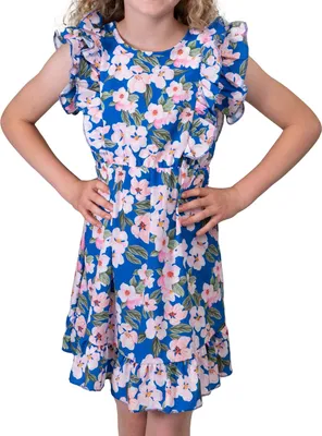 Produktbild von KMISSO Mädchen Kleid mit Volants Blumenmotiv Blau 104