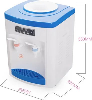 A white and blue tabletop water dispenser with dimensions indicated.