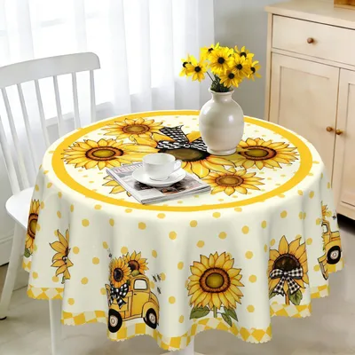 Productafbeelding van Ronde tafelkleed, diameter 120 cm, weerbestendig, polyester, motief: vrachtwagen met zonnebloemen, geschikt voor buiten, afwasbaar