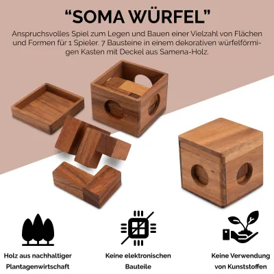 Zdjęcie produktu dla Kostka Soma rozmiar L - puzzle 3D - gra logiczna w drewnianym pudełku, długość krawędzi 9 cm