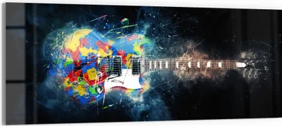 Produktbild von DEQORI Glasbild Echtglas 125x50 cm 'Zerspringende E-Gitarre' Wandbild Bild modern Deko