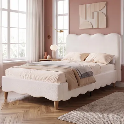 Obrázok produktu pre Postel s čalúneným čelom, 90x200 cm, s roštom, detská posteľ, jednolôžková posteľ, posteľ pre mládež, klasická posteľ s poťahom z materiálu bouclé, biela