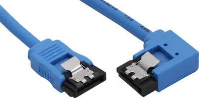 Image de InLine® 27703R Câble de raccordement SATA 6Gb/s rond, plié à droite, bleu, avec languette, 0,3m