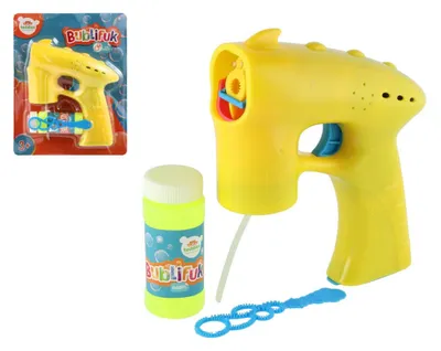 Image de Pistolet à bulles jaune en plastique, 13 cm + 1 recharge à piles sur carte