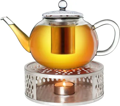 Produktbild von Creano Teekanne aus Glas 1,2l + ein Stövchen aus Edelstahl, 3-teilige Glasteekanne mit integriertem Edelstahl Sieb und Glasdeckel, ideal zur Zubereitung von losen Tees, tropffrei