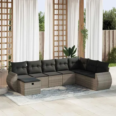 Produktbild von Design 8-tlg. Garten-Sofagarnitur mit Kissen Grau Poly Rattan, Gartenmöbel-Sets 2024 Neu