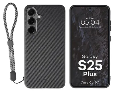 Produktbild von Hülle mit Handgelenkband für Galaxy S25 Plus, Bizon Case CarbO, Schwarz