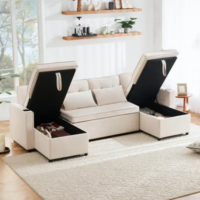 Produktbild von Schlafsofa U-Form mit Schlaffunktion, 4-Sitzer Wohnlandschaft, Polstersofa mit Stauraum, Getränkehalter, Kissen, Ecksofa Wohnzimmer Beige