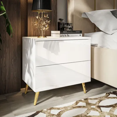 Produktbild von Nachttisch AURA auf Beinen Weiß / Weiß hochglanz Beine: Gold