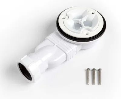 A white plastic shower drain with an adjustable outlet and three screws on a white background.